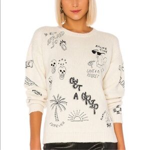 MOTHER The Jumper Sweater Alpaca Wool Embroidered in Leave A Message Cream Large